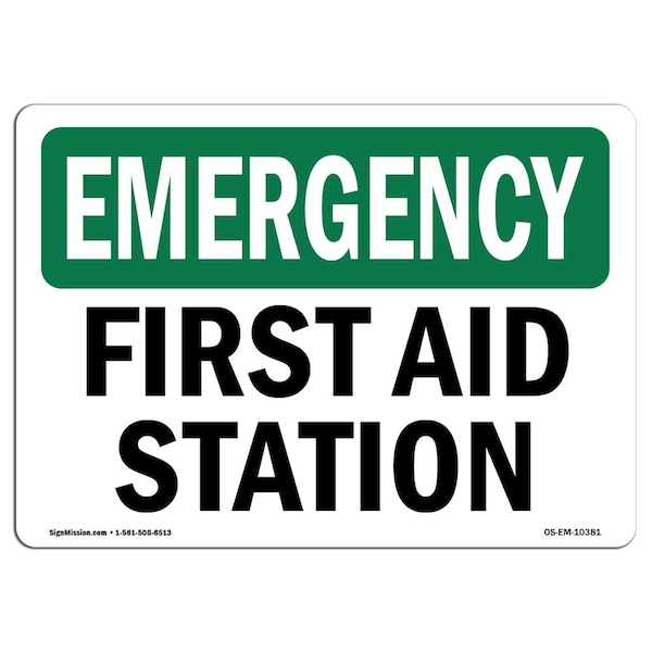 Safety Sign, OSHA EMERGENCY, 7" Height, Aluminum, First Aid Station, Landscape